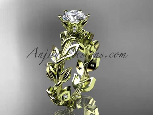 14k yellow gold diamond leaf and vine engagement ring with a "Forever One" Moissanite center stone ADLR124