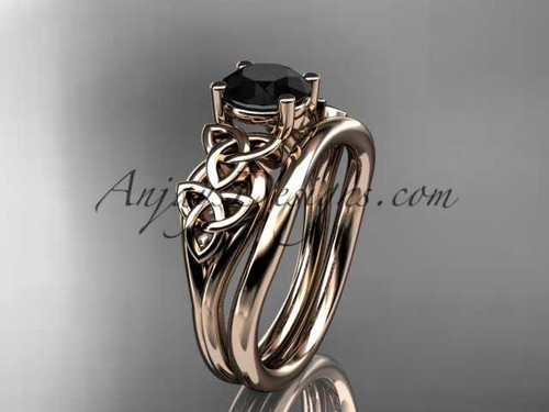 14kt rose gold celtic trinity knot wedding ring, engagement set with a Black Diamond center stone CT7169S