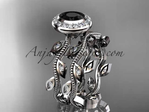 14k white gold diamond leaf and vine wedding ring, engagement ring, engagement set with a Black Diamond center stone ADLR212S
