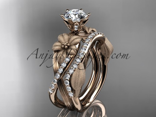 Unique 14kt rose gold diamond flower, leaf and vine wedding ring, engagement set ADLR221S