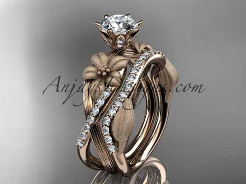 Unique 14kt rose gold diamond flower, leaf and vine wedding ring, engagement set ADLR221S