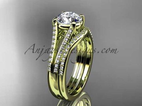 14kt yellow gold diamond unique engagement set, wedding ring with a "Forever One" Moissanite center stone ADER108S