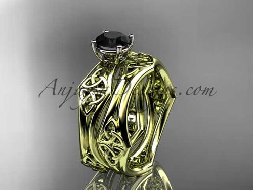 14kt yellow gold celtic trinity ring, triquetra ring, engagement set with a Black Diamond center stone CT7356S