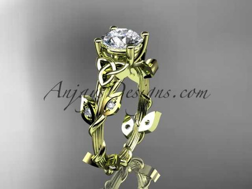14kt yellow gold diamond celtic trinity knot wedding ring, engagement ring with a "Forever One" Moissanite center stone CT7215