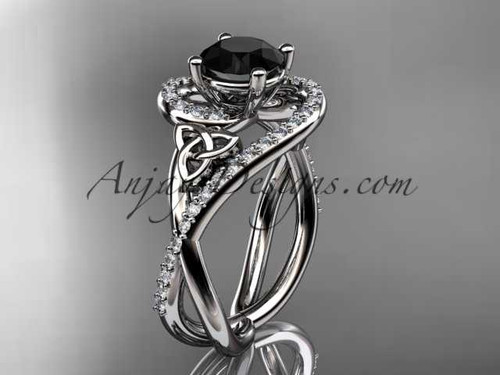14kt white gold diamond celtic trinity knot wedding ring, engagement ring with a Black Diamond center stone CT7320