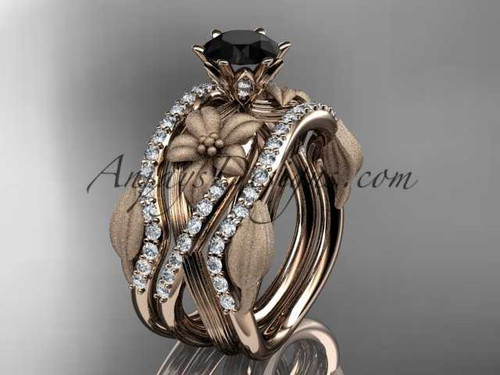 Unique 14kt rose gold diamond flower, leaf and vine wedding ring, engagement ring with a Black Diamond center stone and double matching band ADLR221S