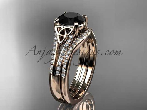 14kt rose gold celtic trinity knot engagement ring ,diamond wedding ring, engagement set with a Black Diamond center stone CT7108S