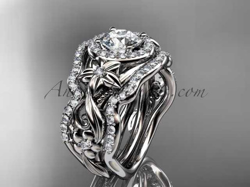 Platinum diamond unique engagement ring, wedding ring with a "Forever One" Moissanite center stone and double matching band ADLR300