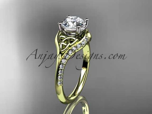 14kt yellow gold diamond celtic trinity knot wedding ring, engagement ring with a "Forever One" Moissanite center stone CT7125