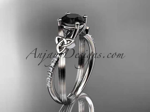 14kt white gold diamond celtic trinity knot wedding ring, engagement ring with a Black Diamond center stone CT7214