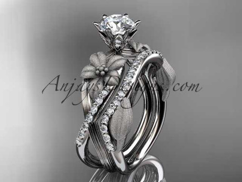 Unique Leaf and Flower Wedding Ring Set, 14kt White Gold Adorable Diamond Ring ADLR221S