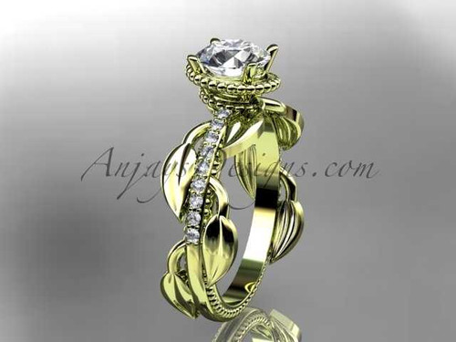 Unique 14k yellow gold diamond leaf and vine diamond engagement ring with a "Forever One" Moissanite center stone ADLR231