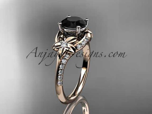 14kt rose gold diamond floral wedding ring, engagement ring with a Black Diamond center stone ADLR125