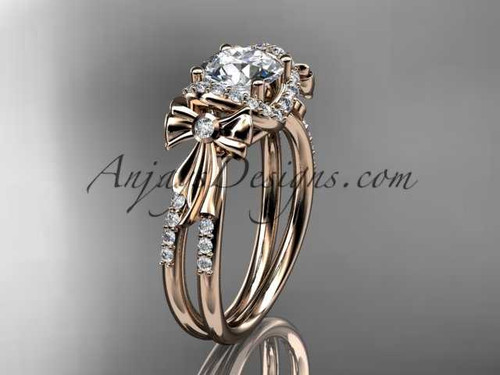 "Forever One" Moissanite center stone Ring, 14kt Rose Gold Diamond Bow Tie Bridal Ring ADER155
