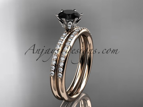 Simple Elegant Engagement  Ring Set, 14kt Rose Gold Vintage Black Diamond Wedding Ring ADER145S

