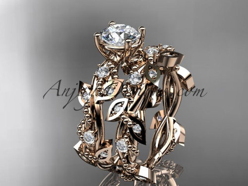 14k rose gold diamond leaf and vine wedding ring, engagement set with  "Forever One" Moissanite center stone ADLR59S