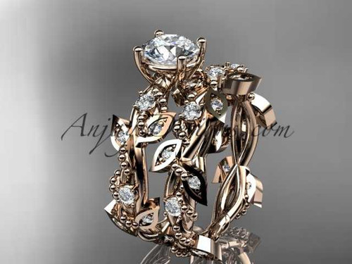 14k rose gold diamond leaf and vine wedding ring, engagement set with "Forever One" Moissanite center stone ADLR59S