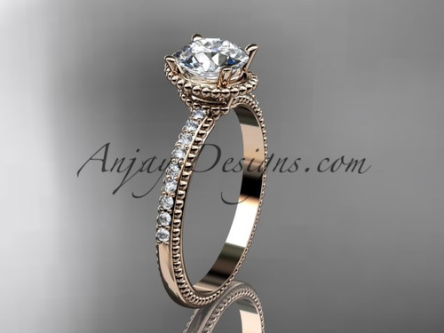 14kt rose gold diamond unique engagement ring, wedding ring with  "Forever One" Moissanite center stone ADER86