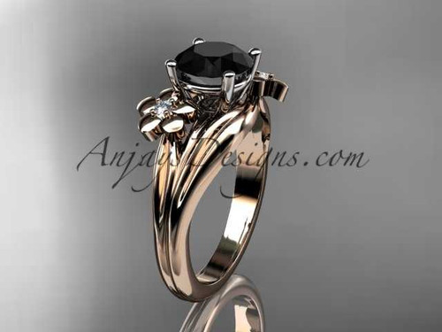 14k rose gold diamond leaf and vine wedding ring, engagement ring with a Black Diamond center stone ADLR159