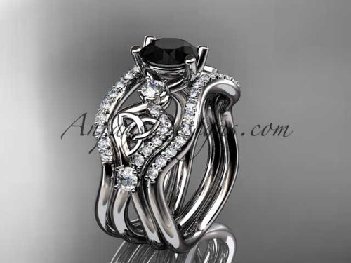 14kt white gold celtic trinity knot engagement ring, wedding ring with a Black Diamond center stone and double matching band CT768S