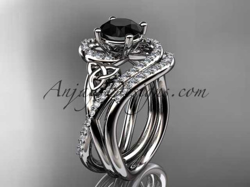 platinum diamond celtic trinity knot wedding ring, engagement set with a Black Diamond center stone CT7320S