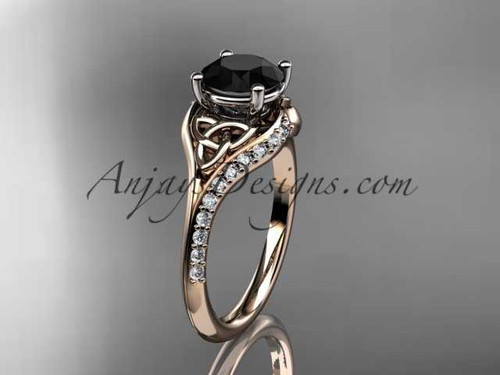14kt rose gold diamond celtic trinity knot wedding ring, engagement ring with a Black Diamond center stone CT7125