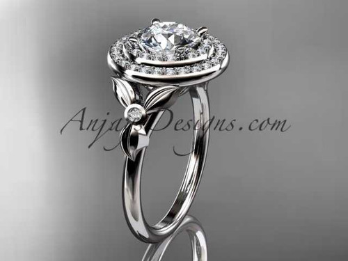 14kt white gold diamond floral wedding ring, engagement ring with a "Forever One" Moissanite center stone ADLR133