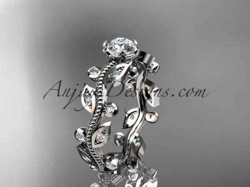 platinum diamond floral leaf and vine wedding ring, engagement ring with a "Forever One" Moissanite center stone ADLR1
