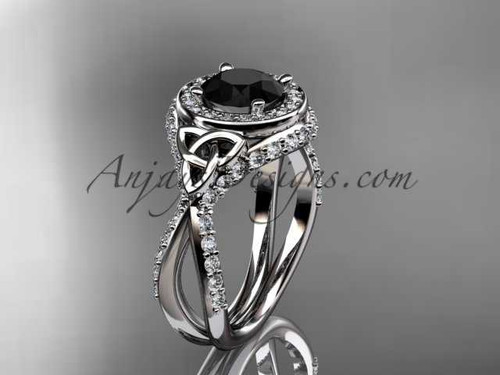 14kt white gold diamond celtic trinity knot wedding ring, engagement ring with a Black Diamond center stone CT7416