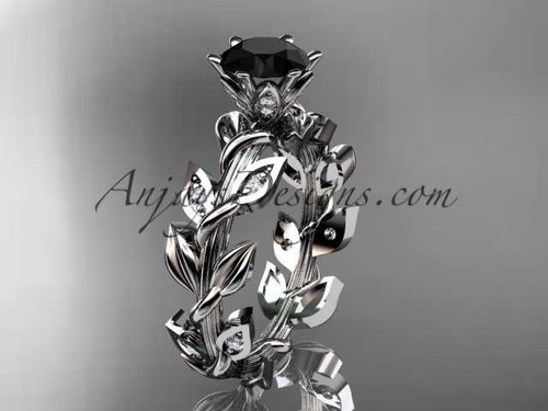 platinum diamond leaf and vine engagement ring with a Black Diamond center stone ADLR124