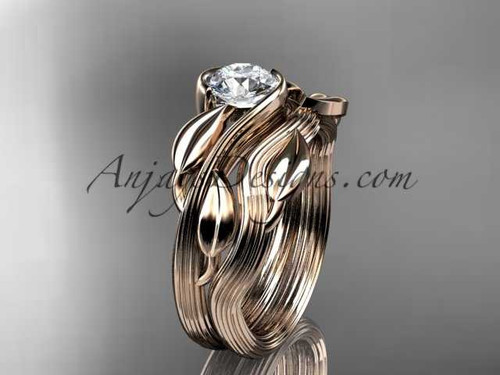 14kt rose gold leaf and vine wedding ring, engagement set with a "Forever One" Moissanite center stone ADLR273S