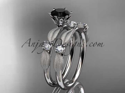 platinum diamond unique leaf and vine engagement set, wedding set with a Black Diamond center stone ADER177S