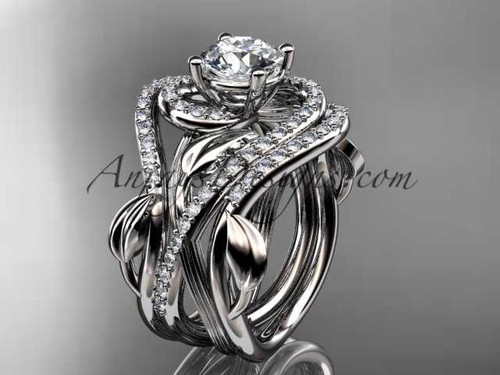 Unique 14kt white gold diamond leaf and vine wedding ring, engagement ring with a "Forever One" Moissanite center stone and double matching band ADLR222S