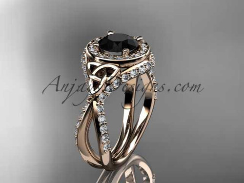 14kt rose gold diamond celtic trinity knot wedding ring, engagement ring with a Black Diamond center stone CT7416