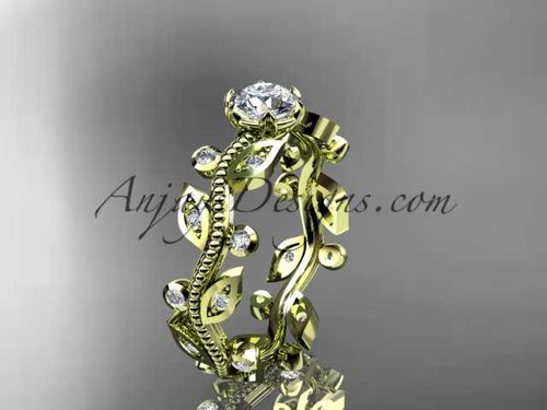 14k yellow gold diamond floral leaf and vine wedding ring, engagement ring with a "Forever One" Moissanite center stone ADLR1