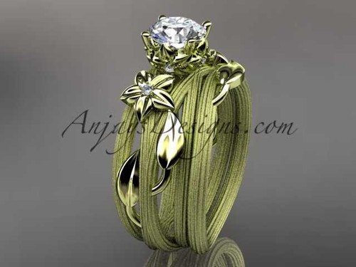 Handmade Nature Themed Ring, 14kt Yellow Gold Flower Moissanite Engagement Ring ADLR253S