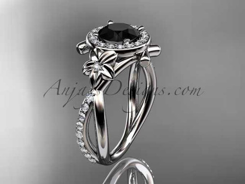 14kt white gold diamond leaf and vine wedding ring, engagement ring with a Black Diamond center stone ADLR89