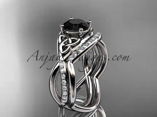 14kt white gold celtic trinity knot engagement set, wedding ring with a Black Diamond center stone CT790S