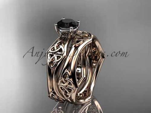 14kt rose gold celtic trinity ring, triquetra ring, engagement set with a Black Diamond center stone CT7356S
