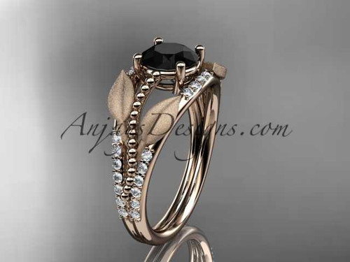 14kt rose gold diamond leaf and vine wedding ring, engagement ring with Black Diamond center stone ADLR75