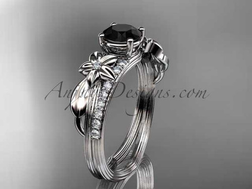 14kt white gold diamond leaf and vine wedding ring, engagement ring with a Black Diamond center stone ADLR331