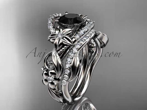 platinum diamond flower leaf and vine engagement ring with a black diamond ADLR211S platinum diamond flower leaf and vine engagement ring with a black diamond ADLR211S