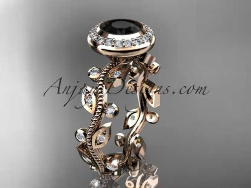14k rose gold diamond leaf and vine wedding ring, engagement ring with a Black Diamond center stone ADLR212