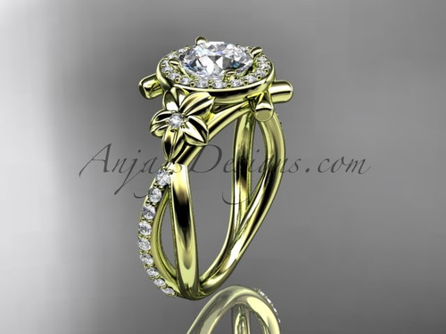 Contemporary Halo Diamond Engagement Ring, Yellow Gold Diamond Flower Wedding Ring 