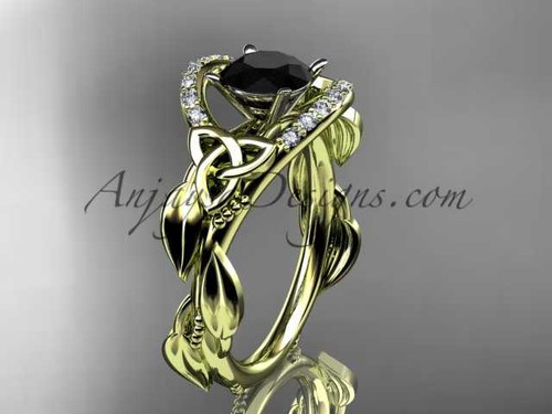 14kt yellow gold diamond celtic trinity knot wedding ring, engagement ring with a Black Diamond center stone CT7326