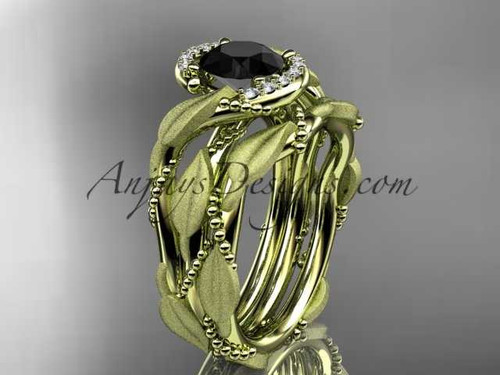 Unique Black Diamond Leaf Wedding Sets, 14kt Yellow Gold Halo Diamond Engagement Ring ADLR65S Unique Black Diamond Leaf Wedding Sets, 14kt Yellow Gold Halo Diamond Engagement Ring ADLR65S