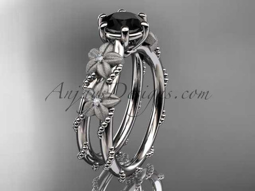 Flower Engagement Ring, Platinum Black Diamond Vine Wedding Ring ADLR66