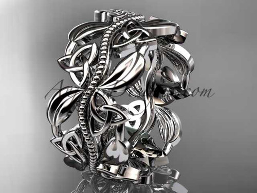 Handmade Nature Themed Celtic Wedding Band, 14kt White Gold Leaf Engagement Ring CT7188G