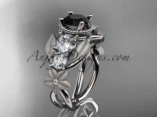 14kt white gold diamond floral, leaf and vine wedding ring, engagement ring with Black Diamond center stone ADLR69