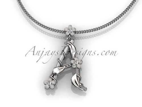 Nature inspired initial pendant, 14k white gold necklace